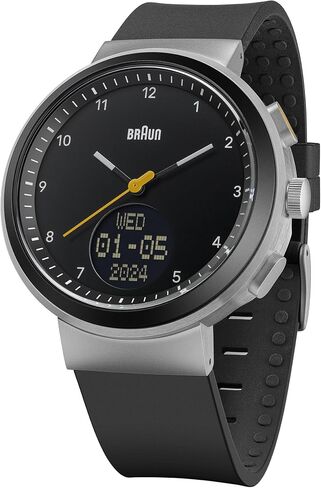 Braun Analogue Quartz Watch with Digital Display with Calendar and Step Count, Black Dial and Black Silicone Rubber Strap, 45mm Stainless Steel Case, Model BN0299NBKBKG. in Kuwait