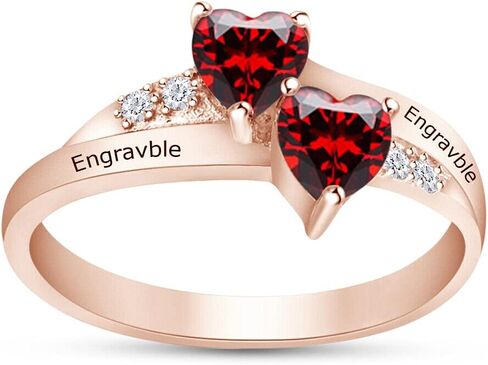 AFFY Personalized Engrave Heart Cut Simulated Birthstone With Round Cut White Cubic Zirconia Heart Promise Ring In 14k Gold Plated 925 Sterling Silver in Kuwait
