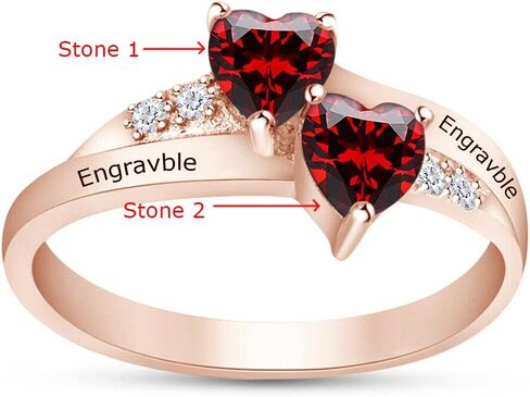 AFFY Personalized Engrave Heart Cut Simulated Birthstone With Round Cut White Cubic Zirconia Heart Promise Ring In 14k Gold Plated 925 Sterling Silver in Kuwait