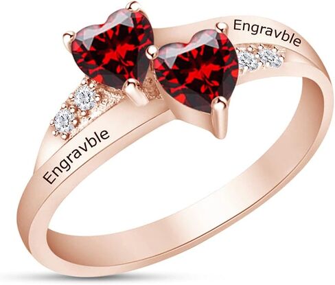 AFFY Personalized Engrave Heart Cut Simulated Birthstone With Round Cut White Cubic Zirconia Heart Promise Ring In 14k Gold Plated 925 Sterling Silver in Kuwait