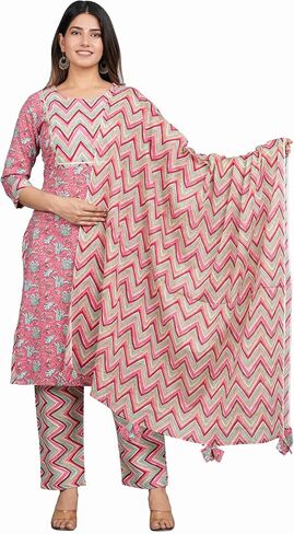 Women's Cotton Printed Round Neck Embrodriery Straight Kurta With Palazzo & Dupatta Set in Saudi Arabia