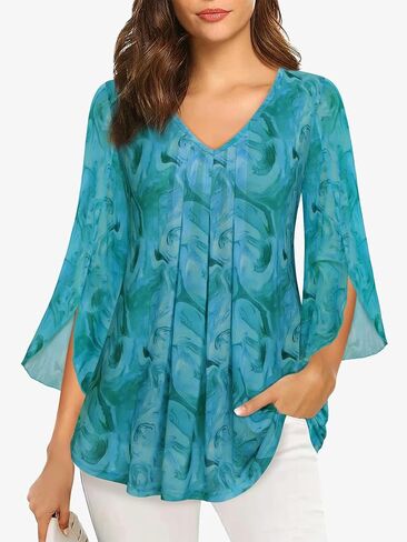 Women's Casual 3/4 Sleeve Tunic Tops Floral Double Layers Blouses Loose Pleated Mesh Shirts S-XXL in Kuwait