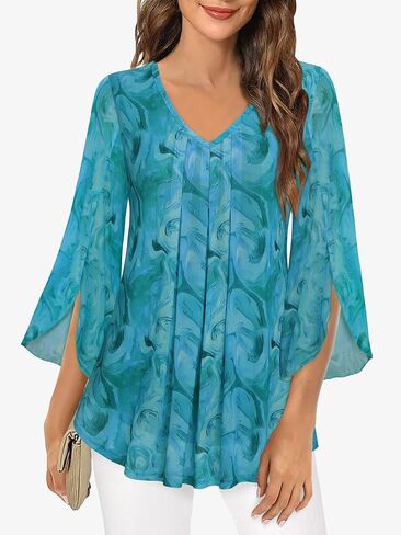 Women's Casual 3/4 Sleeve Tunic Tops Floral Double Layers Blouses Loose Pleated Mesh Shirts S-XXL in Kuwait