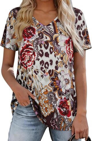 Women Short Sleeve V Neck Loose Dressy Tunic Tops Casual Flowy Floral Print Tees Lightweight Summer Boho Shirt in Saudi Arabia