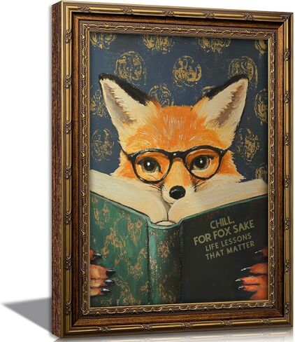 Vintage Gold Framed Reading Fox Canvas Wall Art Funny Animal Reading Painting Picture Dark Moody Farmhouse Decor Picture for Living Room Study Bedroom in Saudi Arabia