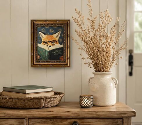 Vintage Gold Framed Reading Fox Canvas Wall Art Funny Animal Reading Painting Picture Dark Moody Farmhouse Decor Picture for Living Room Study Bedroom in Saudi Arabia