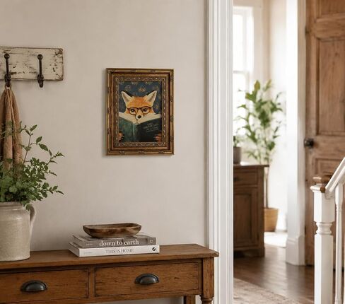 Vintage Gold Framed Reading Fox Canvas Wall Art Funny Animal Reading Painting Picture Dark Moody Farmhouse Decor Picture for Living Room Study Bedroom in Saudi Arabia