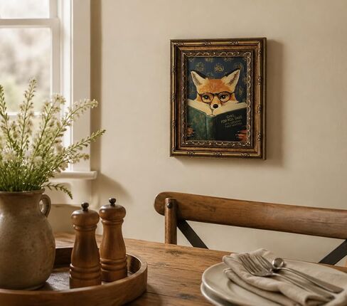 Vintage Gold Framed Reading Fox Canvas Wall Art Funny Animal Reading Painting Picture Dark Moody Farmhouse Decor Picture for Living Room Study Bedroom in Saudi Arabia