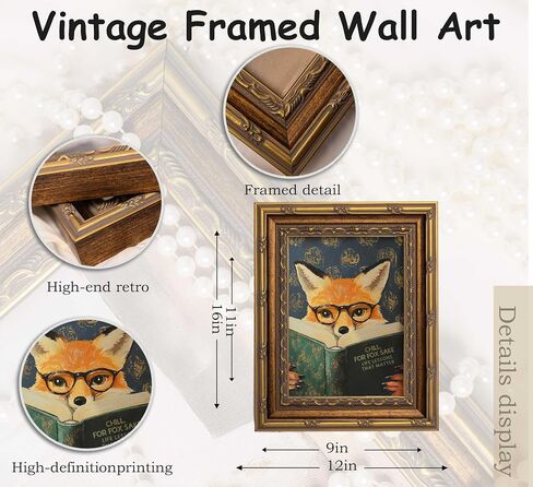Vintage Gold Framed Reading Fox Canvas Wall Art Funny Animal Reading Painting Picture Dark Moody Farmhouse Decor Picture for Living Room Study Bedroom in Saudi Arabia