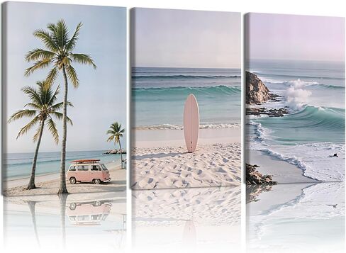 HCJWCXD 3-Piece Coastal Beach Canvas Wall Art Boho Beach Scene Wall Framed Prints Pink Vintage Van Surfboard Poster Tropical Ocean Palm Wall Decor 12x16 Inch for Living Room Bedroom Bathroom in Saudi Arabia