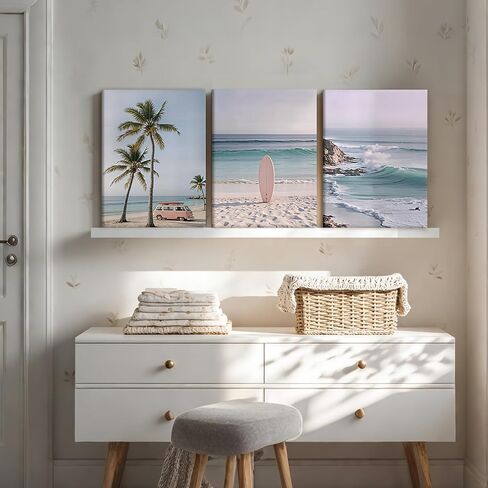 HCJWCXD 3-Piece Coastal Beach Canvas Wall Art Boho Beach Scene Wall Framed Prints Pink Vintage Van Surfboard Poster Tropical Ocean Palm Wall Decor 12x16 Inch for Living Room Bedroom Bathroom in Saudi Arabia