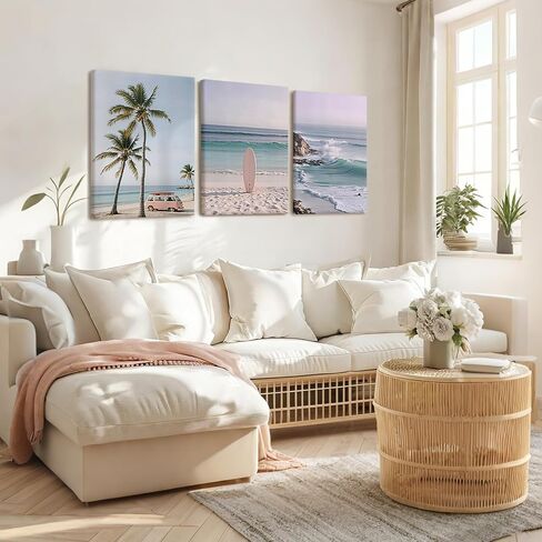 HCJWCXD 3-Piece Coastal Beach Canvas Wall Art Boho Beach Scene Wall Framed Prints Pink Vintage Van Surfboard Poster Tropical Ocean Palm Wall Decor 12x16 Inch for Living Room Bedroom Bathroom in Saudi Arabia