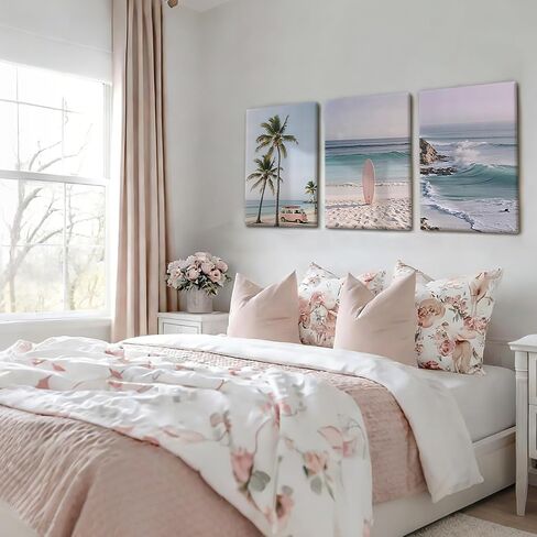 HCJWCXD 3-Piece Coastal Beach Canvas Wall Art Boho Beach Scene Wall Framed Prints Pink Vintage Van Surfboard Poster Tropical Ocean Palm Wall Decor 12x16 Inch for Living Room Bedroom Bathroom in Saudi Arabia