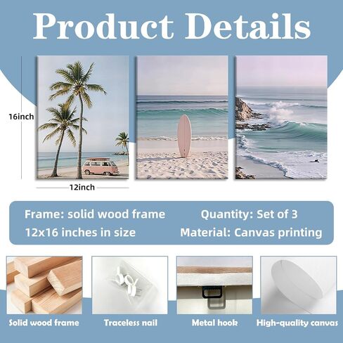 HCJWCXD 3-Piece Coastal Beach Canvas Wall Art Boho Beach Scene Wall Framed Prints Pink Vintage Van Surfboard Poster Tropical Ocean Palm Wall Decor 12x16 Inch for Living Room Bedroom Bathroom in Saudi Arabia