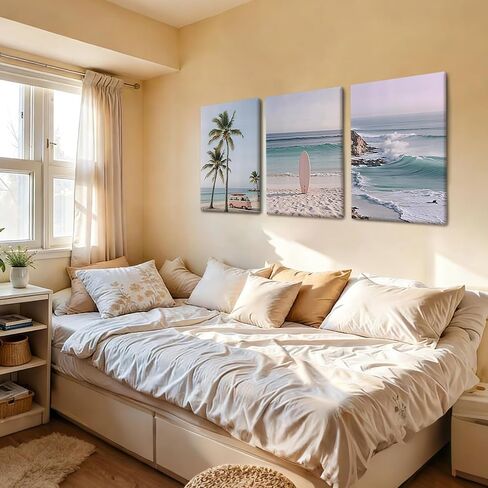 HCJWCXD 3-Piece Coastal Beach Canvas Wall Art Boho Beach Scene Wall Framed Prints Pink Vintage Van Surfboard Poster Tropical Ocean Palm Wall Decor 12x16 Inch for Living Room Bedroom Bathroom in Saudi Arabia