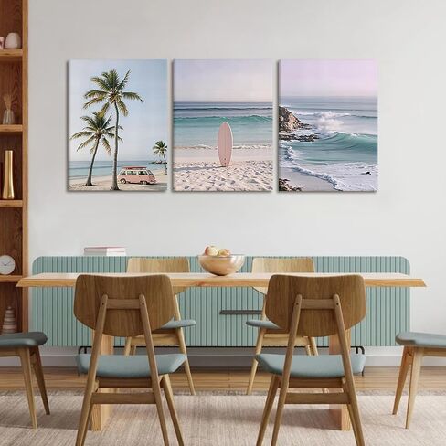 HCJWCXD 3-Piece Coastal Beach Canvas Wall Art Boho Beach Scene Wall Framed Prints Pink Vintage Van Surfboard Poster Tropical Ocean Palm Wall Decor 12x16 Inch for Living Room Bedroom Bathroom in Saudi Arabia