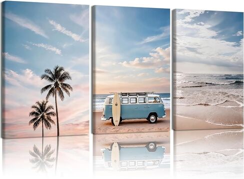 HCJWCXD 3-Piece Coastal Beach Canvas Wall Art Boho Beach Scene Wall Framed Prints Pink Vintage Van Surfboard Poster Tropical Ocean Palm Wall Decor 12x16 Inch for Living Room Bedroom Bathroom in Saudi Arabia