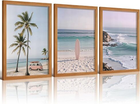 HCJWCXD 3-Piece Coastal Beach Canvas Wall Art Boho Beach Scene Wall Framed Prints Pink Vintage Van Surfboard Poster Tropical Ocean Palm Wall Decor 12x16 Inch for Living Room Bedroom Bathroom in Saudi Arabia