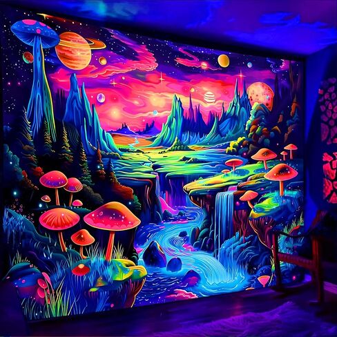 Simpkeely Blacklight Galaxy Planet Tapestry, UV Reactive Mushroom Mountain Waterfall Wall Hanging, Colorful Aesthetic Sci-Fi Nature Decor for Bedroom, Living Room - 59.1" x 80" in Saudi Arabia