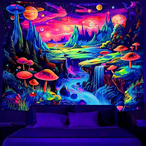 Simpkeely Blacklight Galaxy Planet Tapestry, UV Reactive Mushroom Mountain Waterfall Wall Hanging, Colorful Aesthetic Sci-Fi Nature Decor for Bedroom, Living Room - 59.1" x 80" in Saudi Arabia