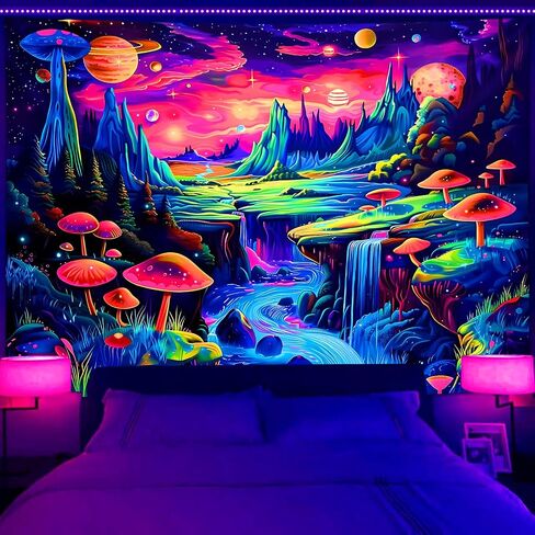Simpkeely Blacklight Galaxy Planet Tapestry, UV Reactive Mushroom Mountain Waterfall Wall Hanging, Colorful Aesthetic Sci-Fi Nature Decor for Bedroom, Living Room - 59.1" x 80" in Saudi Arabia