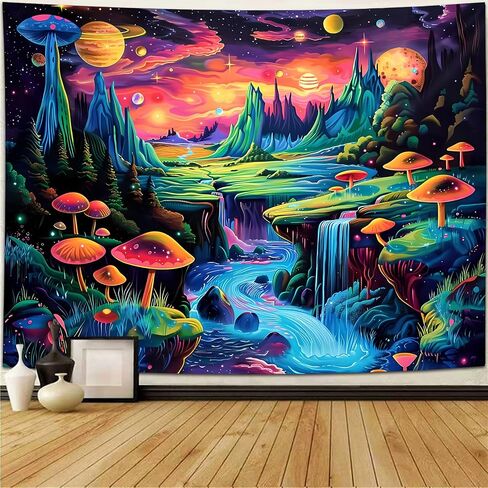 Simpkeely Blacklight Galaxy Planet Tapestry, UV Reactive Mushroom Mountain Waterfall Wall Hanging, Colorful Aesthetic Sci-Fi Nature Decor for Bedroom, Living Room - 59.1" x 80" in Saudi Arabia