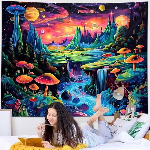 Simpkeely Blacklight Galaxy Planet Tapestry, UV Reactive Mushroom Mountain Waterfall Wall Hanging, Colorful Aesthetic Sci-Fi Nature Decor for Bedroom, Living Room - 59.1" x 80" in Saudi Arabia