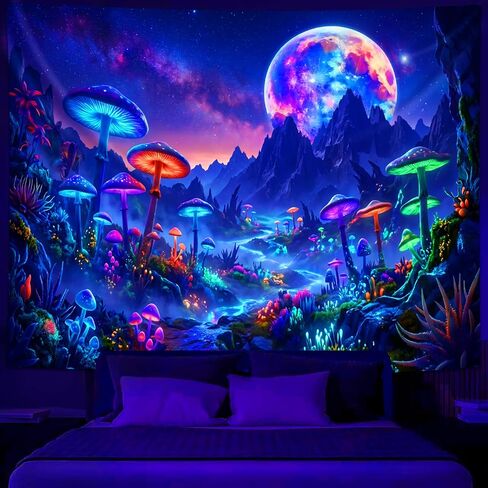 Simpkeely Blacklight Mushroom Forest Tapestry, Neon Galaxy Moon Mountain Wall Hanging, Magical Nature Night Sky Art Aesthetic Decor for Bedroom, Living Room, Dorm - 51.2" x 59.1" in Saudi Arabia
