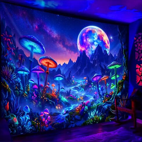 Simpkeely Blacklight Mushroom Forest Tapestry, Neon Galaxy Moon Mountain Wall Hanging, Magical Nature Night Sky Art Aesthetic Decor for Bedroom, Living Room, Dorm - 51.2" x 59.1" in Saudi Arabia