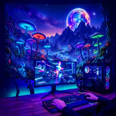 Simpkeely Blacklight Mushroom Forest Tapestry, Neon Galaxy Moon Mountain Wall Hanging, Magical Nature Night Sky Art Aesthetic Decor for Bedroom, Living Room, Dorm - 51.2" x 59.1" in Saudi Arabia