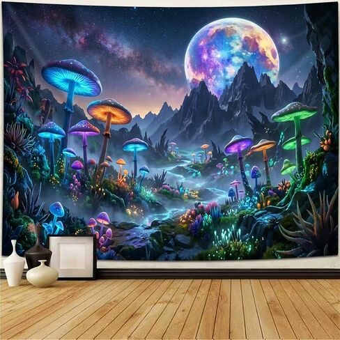 Simpkeely Blacklight Mushroom Forest Tapestry, Neon Galaxy Moon Mountain Wall Hanging, Magical Nature Night Sky Art Aesthetic Decor for Bedroom, Living Room, Dorm - 51.2" x 59.1" in Saudi Arabia