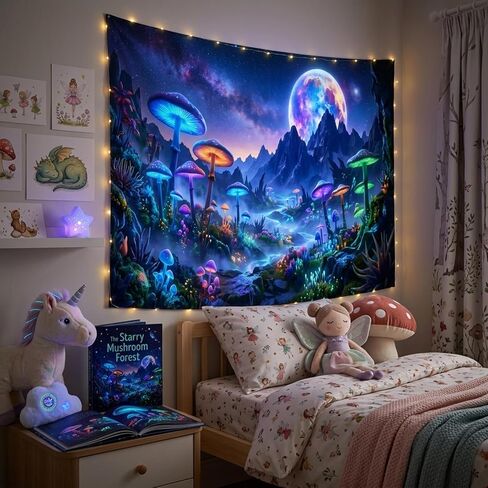 Simpkeely Blacklight Mushroom Forest Tapestry, Neon Galaxy Moon Mountain Wall Hanging, Magical Nature Night Sky Art Aesthetic Decor for Bedroom, Living Room, Dorm - 51.2" x 59.1" in Saudi Arabia