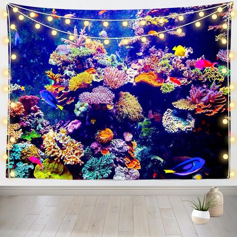 Loccor Aquarium Tapestry Fish Tank Tapestries Undersea Coral Reef Wall Hanging Ocean Tropical Fish Wall Decor for Home Bedroom Living Room Dorm 60''x40'' in Kuwait