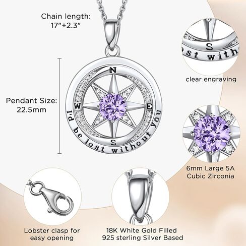 NORBU 925 Sterling Silver Compass Necklace for Women, I'd Be Lost Without You Romantic Wedding Anniversary Birthday Gifts for Wife Girlfriend, 5A Cubic Zirconia Fine Jewelry Gift Box with Rose Petals in Saudi Arabia