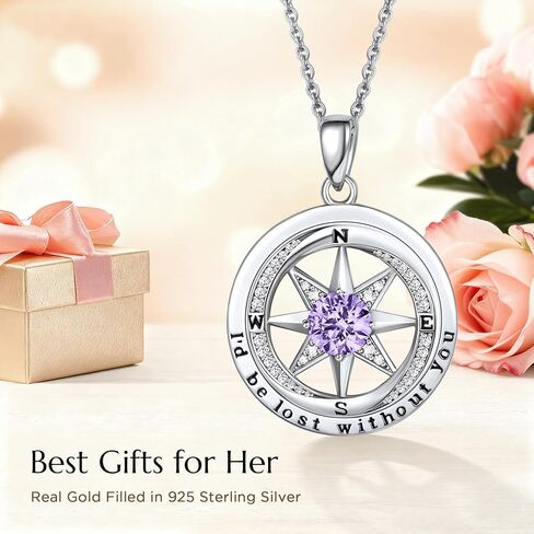 NORBU 925 Sterling Silver Compass Necklace for Women, I'd Be Lost Without You Romantic Wedding Anniversary Birthday Gifts for Wife Girlfriend, 5A Cubic Zirconia Fine Jewelry Gift Box with Rose Petals in Saudi Arabia