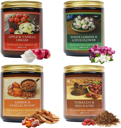 Soy Candles for Home Scented, 4-Pack Gift Set | Amber Sandalwood and Apple Vanilla, 50 Hour Long Burn, Cotton Wick, Aromatherapy, Gifts for Women Mom Birthday Christmas in Kuwait