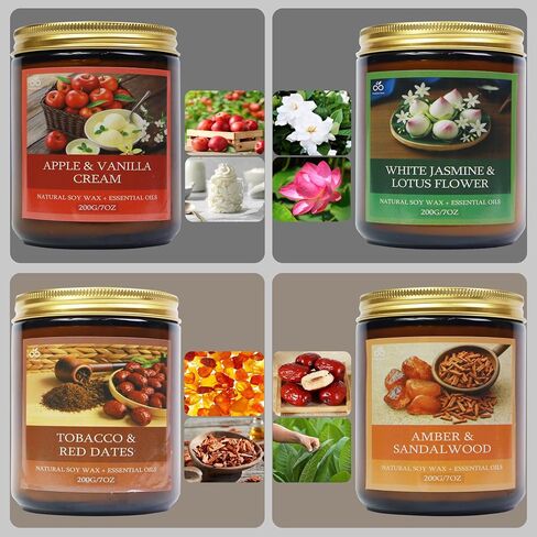 Soy Candles for Home Scented, 4-Pack Gift Set | Amber Sandalwood and Apple Vanilla, 50 Hour Long Burn, Cotton Wick, Aromatherapy, Gifts for Women Mom Birthday Christmas in Kuwait