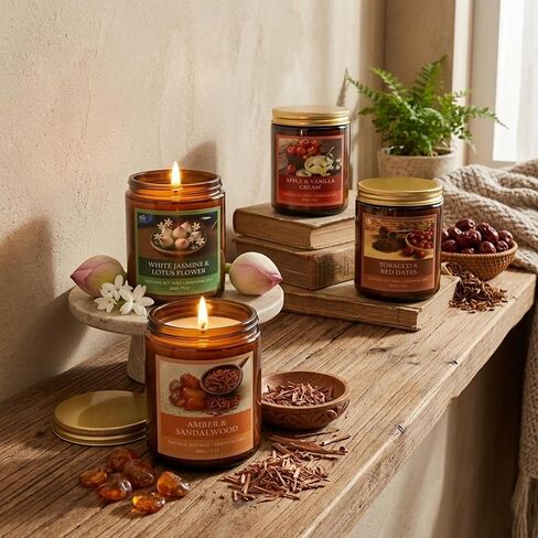 Soy Candles for Home Scented, 4-Pack Gift Set | Amber Sandalwood and Apple Vanilla, 50 Hour Long Burn, Cotton Wick, Aromatherapy, Gifts for Women Mom Birthday Christmas in Kuwait