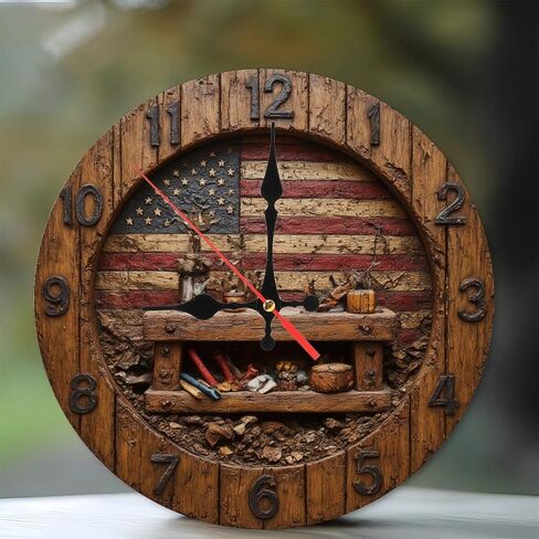 American Flag Wooden Clock Workshop Decor Wall Clock 10-Inch Wooden Wall Clock, Silent Movement, Battery Operated (AA Batteries Not Included), Artistic Home Decor, Perfect for Home Accents in Saudi Arabia