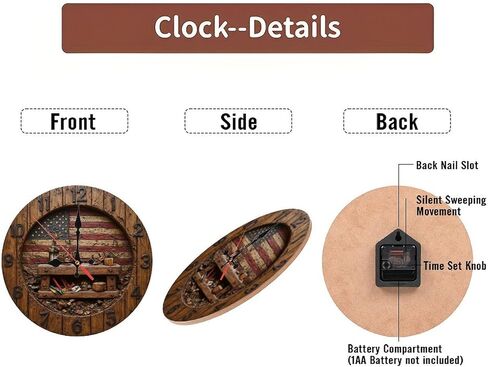 American Flag Wooden Clock Workshop Decor Wall Clock 10-Inch Wooden Wall Clock, Silent Movement, Battery Operated (AA Batteries Not Included), Artistic Home Decor, Perfect for Home Accents in Saudi Arabia