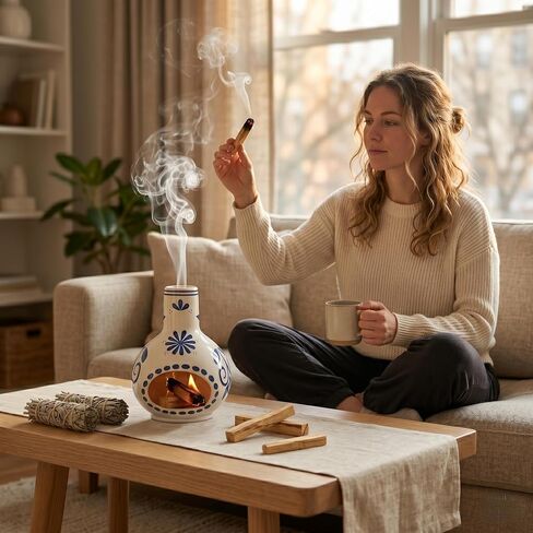 حامل بالو سانتو من السيراميك، مبخرة بورسلين عتيقة ووعاء تلطيخ المريمية للتنظيف، ديكور مذبح التأمل لاستوديو اليوغا، صائد رماد ثابت للعصي والخشب in Kuwait