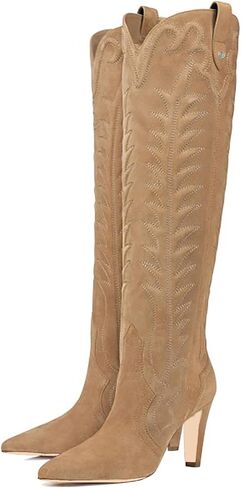 Women's Embroidered Knee High Boots Suede Block High Heel Western Cowboy Long Booties Pointed Toe Pull On Riding Boots for Women Ladies Fahion Dress Tall Boots in Saudi Arabia