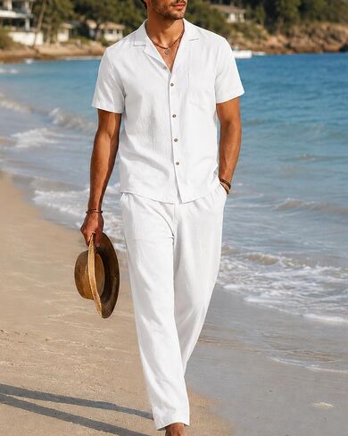 Men's 2 Piece Beach Outfit Button Down Shirt Casual Loose Breathable Pants Set in Kuwait