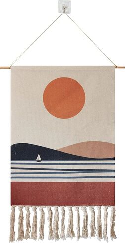 Macrame Woven Wall Tapestry Hanging Art, 20x34 Extra Large Boho Chic Bohemian Red Sun Landscape Geometric Printed Tapestries Decor for Apartment Dorm Kids Livingroom Bedroom Door Entrance (Round Sun) in Saudi Arabia