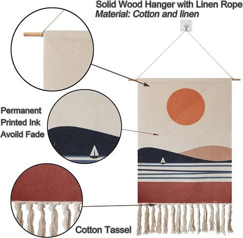Macrame Woven Wall Tapestry Hanging Art, 20x34 Extra Large Boho Chic Bohemian Red Sun Landscape Geometric Printed Tapestries Decor for Apartment Dorm Kids Livingroom Bedroom Door Entrance (Round Sun) in Saudi Arabia