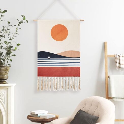 Macrame Woven Wall Tapestry Hanging Art, 20x34 Extra Large Boho Chic Bohemian Red Sun Landscape Geometric Printed Tapestries Decor for Apartment Dorm Kids Livingroom Bedroom Door Entrance (Round Sun) in Saudi Arabia
