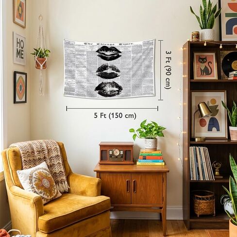 FAMXAKAFLY Vintage Newspaper Wall Tapestry 3x5 Ft Retro Black and White Kiss Lips Hanging, Aesthetic Minimalist News Print Banner for Bedroom, Dorm & Apartment Decor in Saudi Arabia