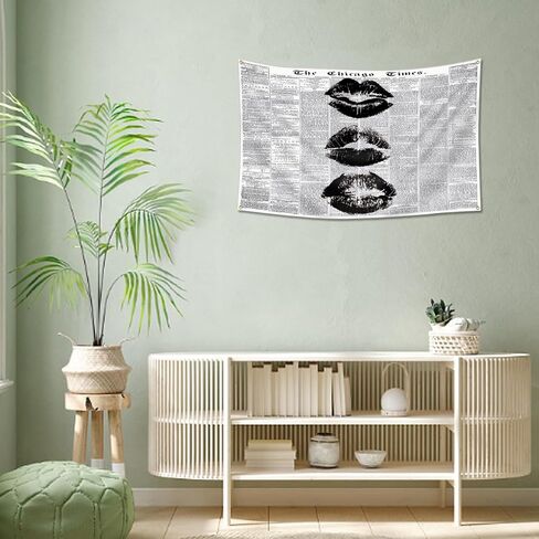 FAMXAKAFLY Vintage Newspaper Wall Tapestry 3x5 Ft Retro Black and White Kiss Lips Hanging, Aesthetic Minimalist News Print Banner for Bedroom, Dorm & Apartment Decor in Saudi Arabia