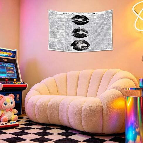 FAMXAKAFLY Vintage Newspaper Wall Tapestry 3x5 Ft Retro Black and White Kiss Lips Hanging, Aesthetic Minimalist News Print Banner for Bedroom, Dorm & Apartment Decor in Saudi Arabia