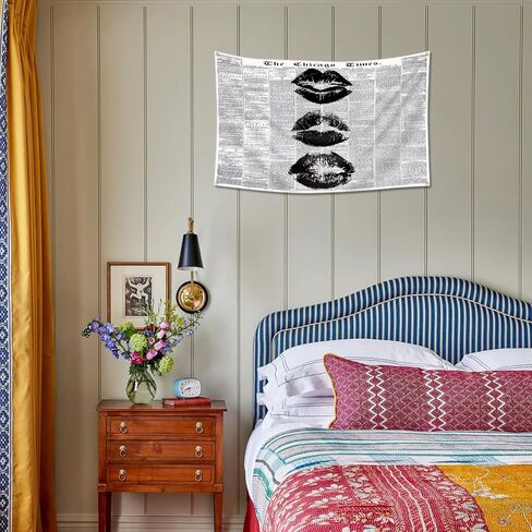 FAMXAKAFLY Vintage Newspaper Wall Tapestry 3x5 Ft Retro Black and White Kiss Lips Hanging, Aesthetic Minimalist News Print Banner for Bedroom, Dorm & Apartment Decor in Saudi Arabia